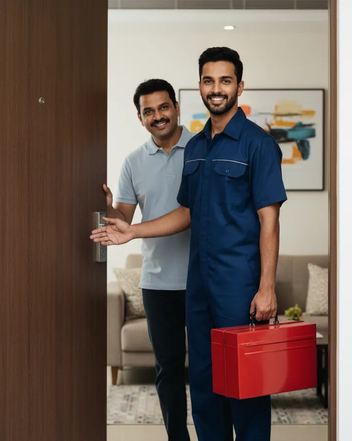 Technician with a red toolbox being welcomed at an apartment door