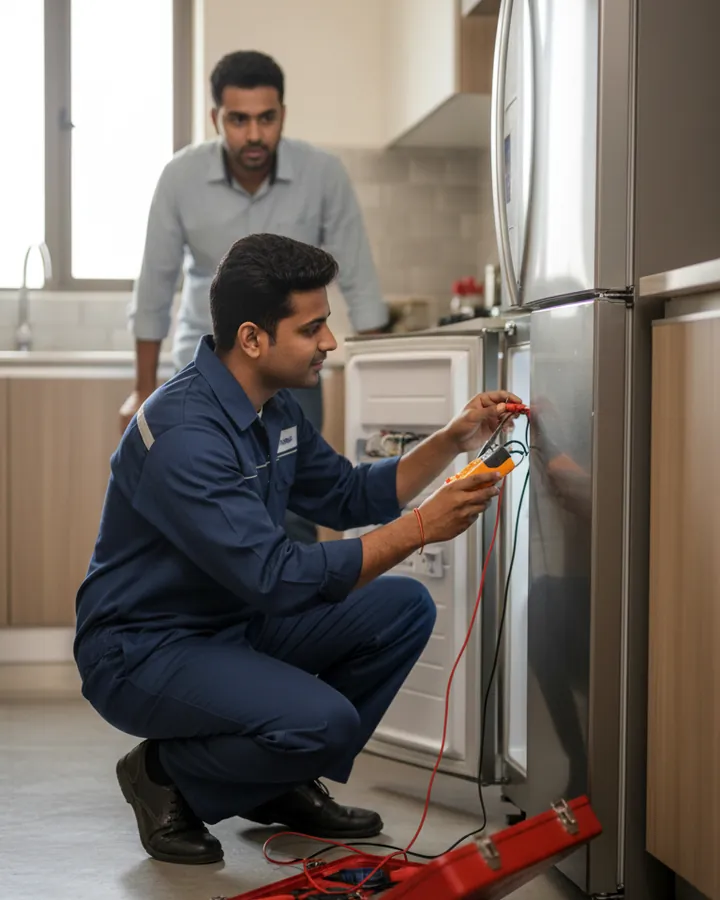 Technician testing a refrigerator's wiring with a multimeter in a home kitchen