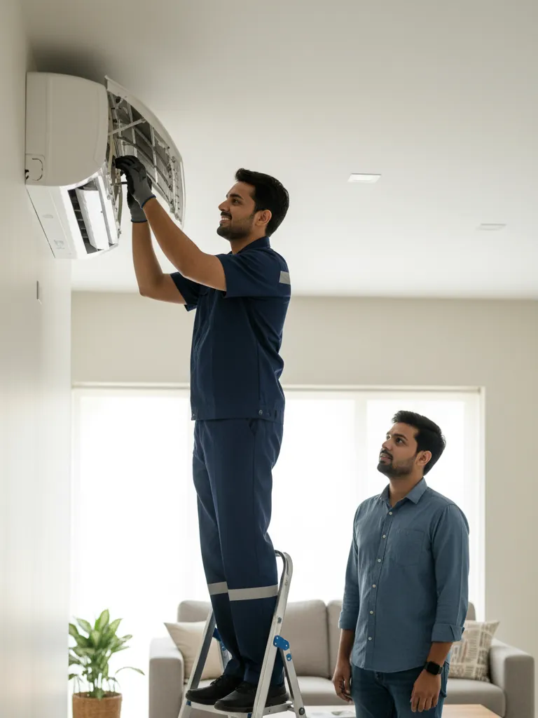 Grand Pearl technician cleaning a split AC unit on a step ladder while the resident watches