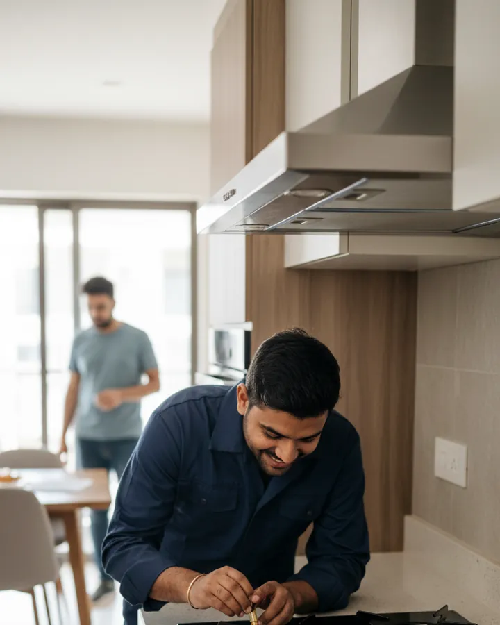 Technician working under a stainless steel kitchen hood above a gas hob
