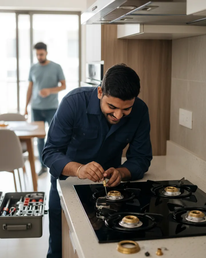 Technician repairing a gas hob in a modern kitchen