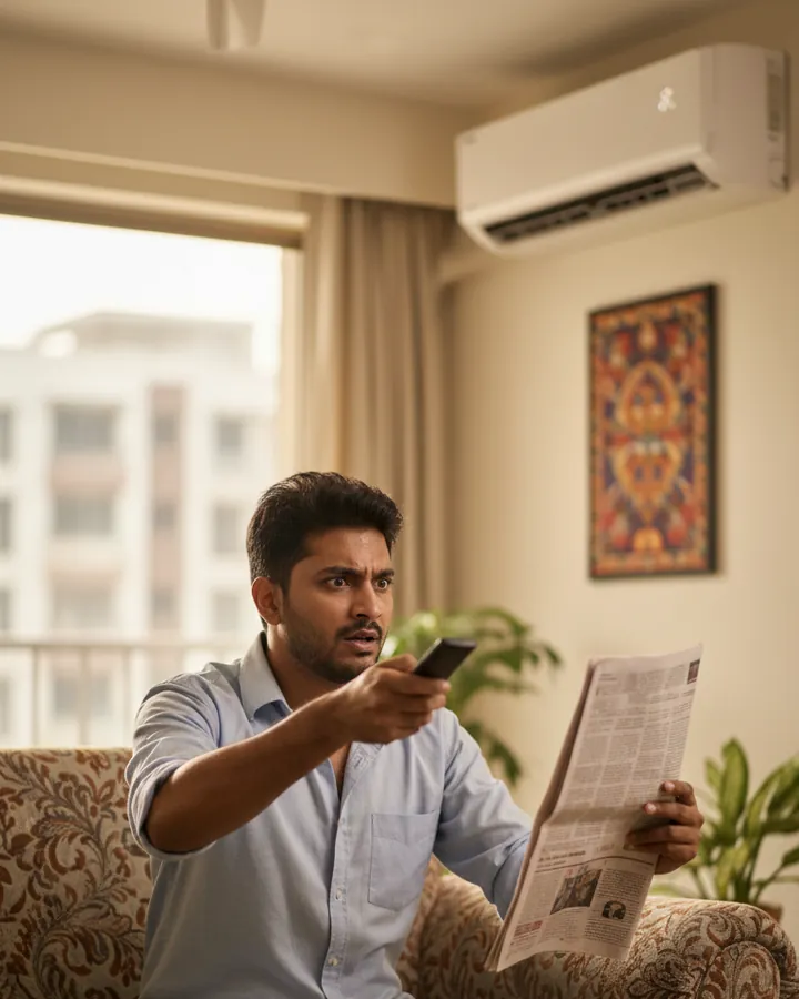 Resident holding a bucket under a split AC that is dripping water