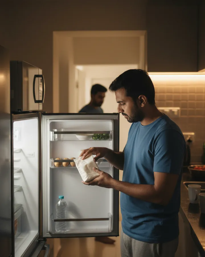 Resident checking food in a warm refrigerator