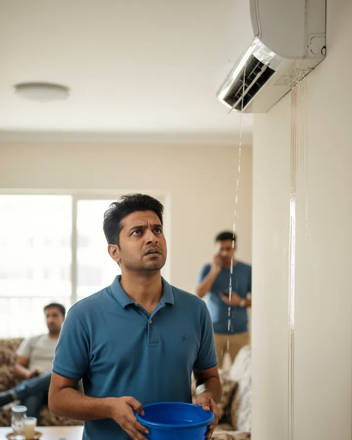 Resident fanning himself on the sofa, pointing the remote at the AC