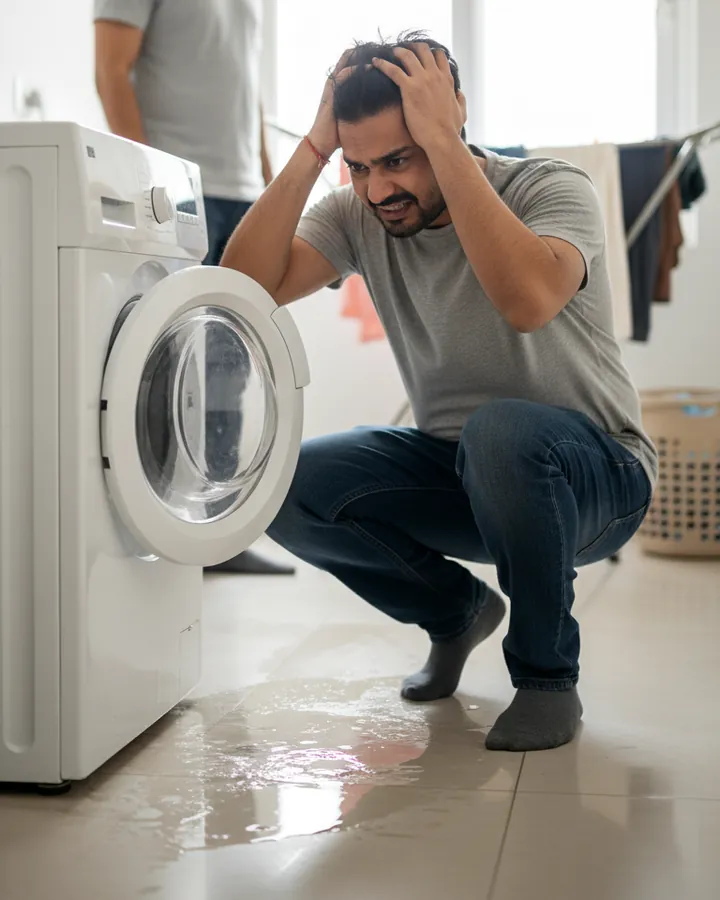 Resident upset at a washing machine leaking water onto the floor