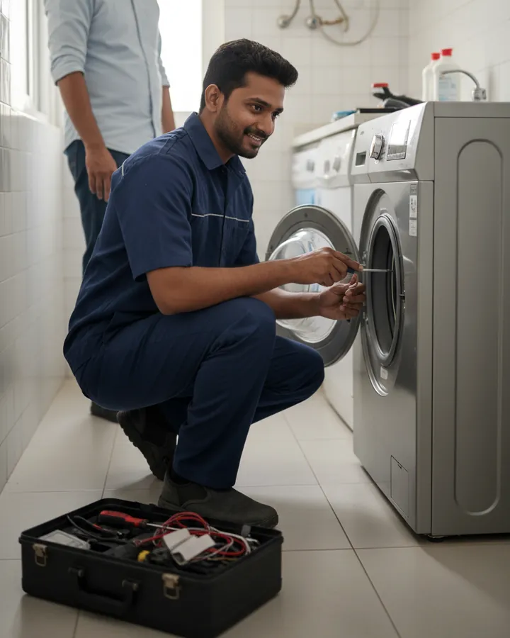 Technician repairing a front-load washing machine with the resident looking on